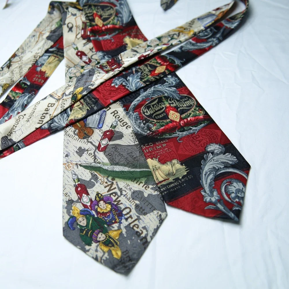 Tabasco Silk Tie Set New Orleans Mardi Gras Gulf Shrimp Map 100% Silk Lot of 2